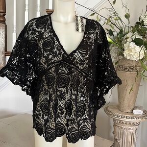 Black Lace Bat Wing Blouse